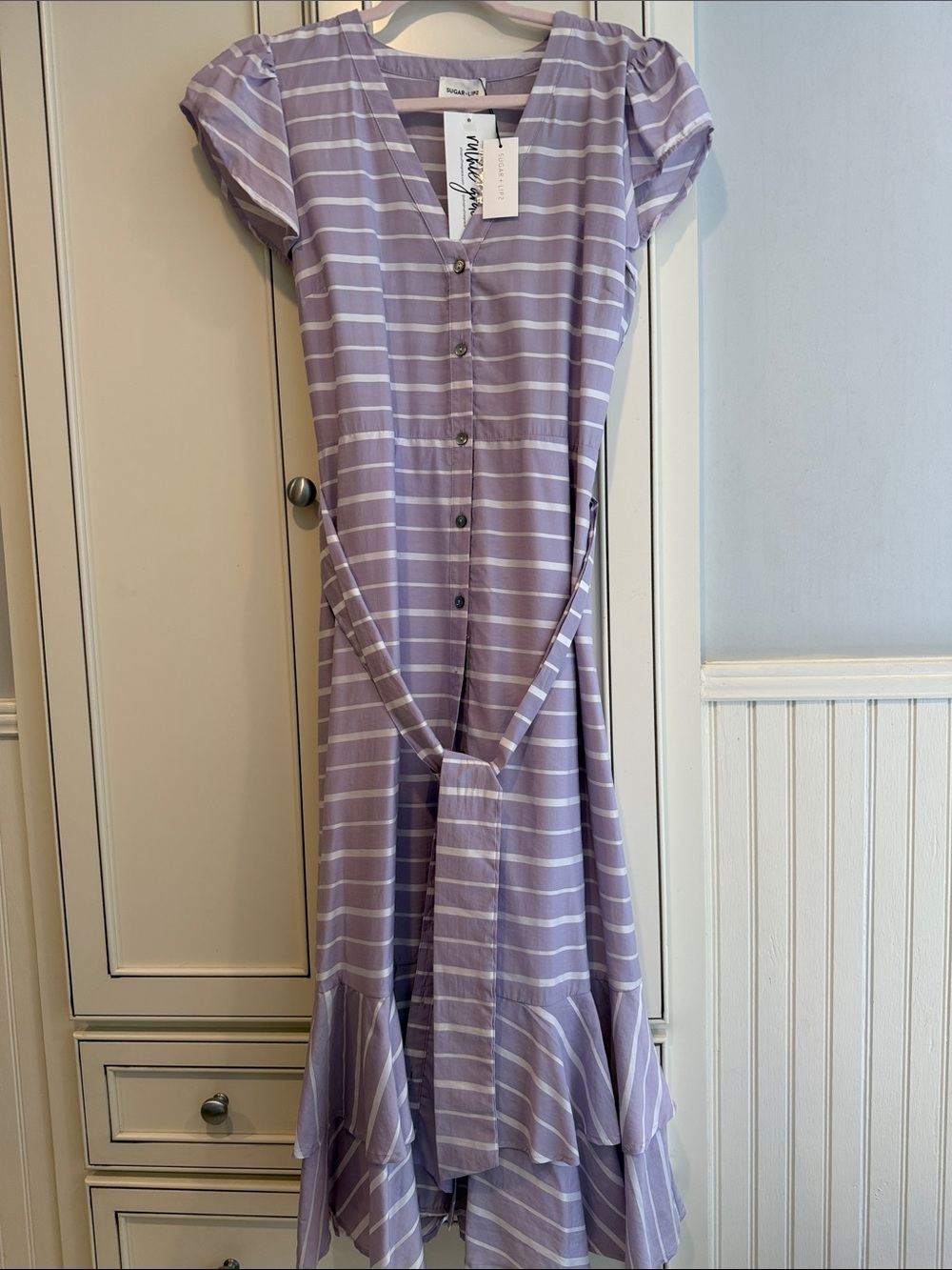 Sugarlips Lavender Striped Midi Dress with Tie Waist, L